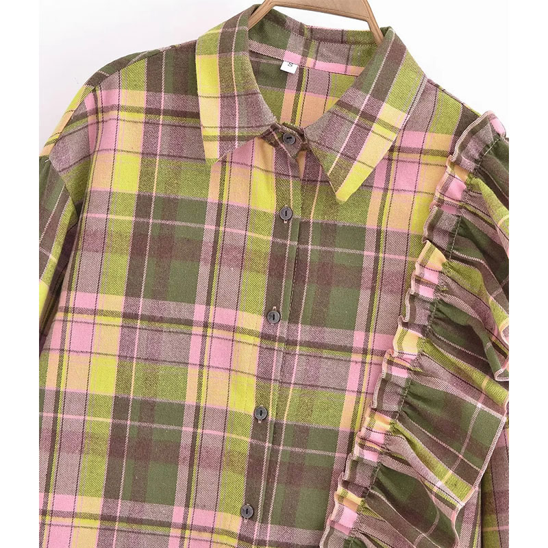 Fashion Color Cotton Ruffled Checked Lapel Button-down Shirt,Blouses
