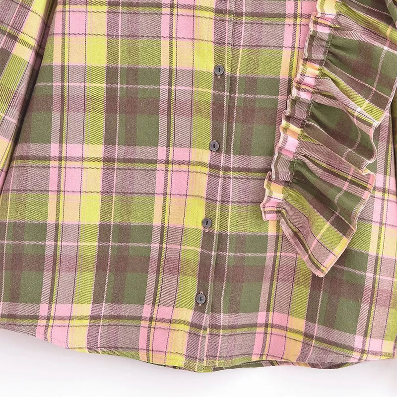Fashion Color Cotton Ruffled Checked Lapel Button-down Shirt,Blouses