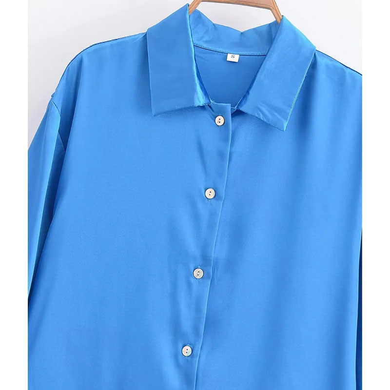 Fashion Blue Cotton Lapel Button-down Shirt,Blouses