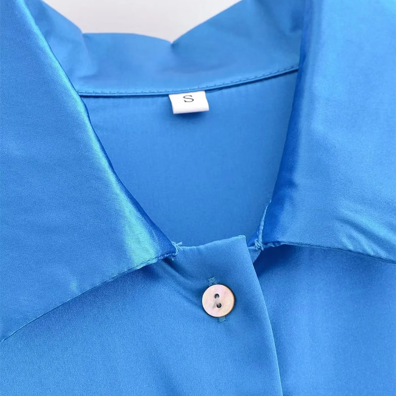 Fashion Blue Cotton Lapel Button-down Shirt,Blouses