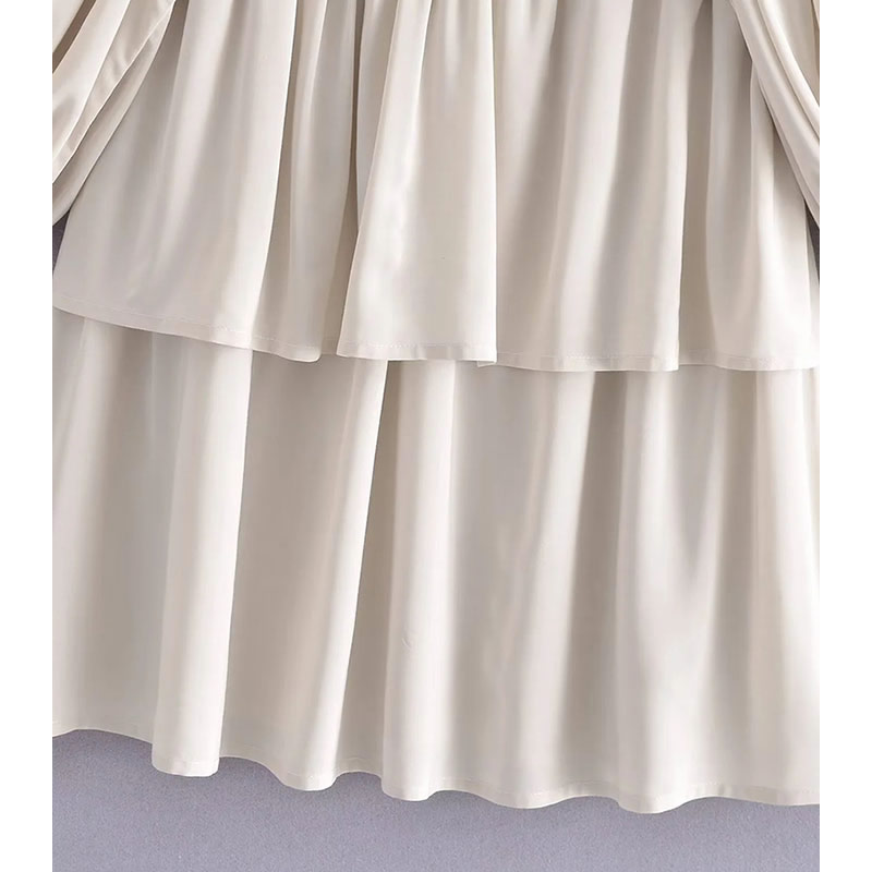 Fashion Light Apricot Cotton Pleated V-neck Tiered Skirt,Mini & Short Dresses