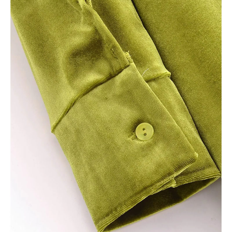 Fashion Green Cotton Velvet Lapel Smocked Skirt,Mini & Short Dresses