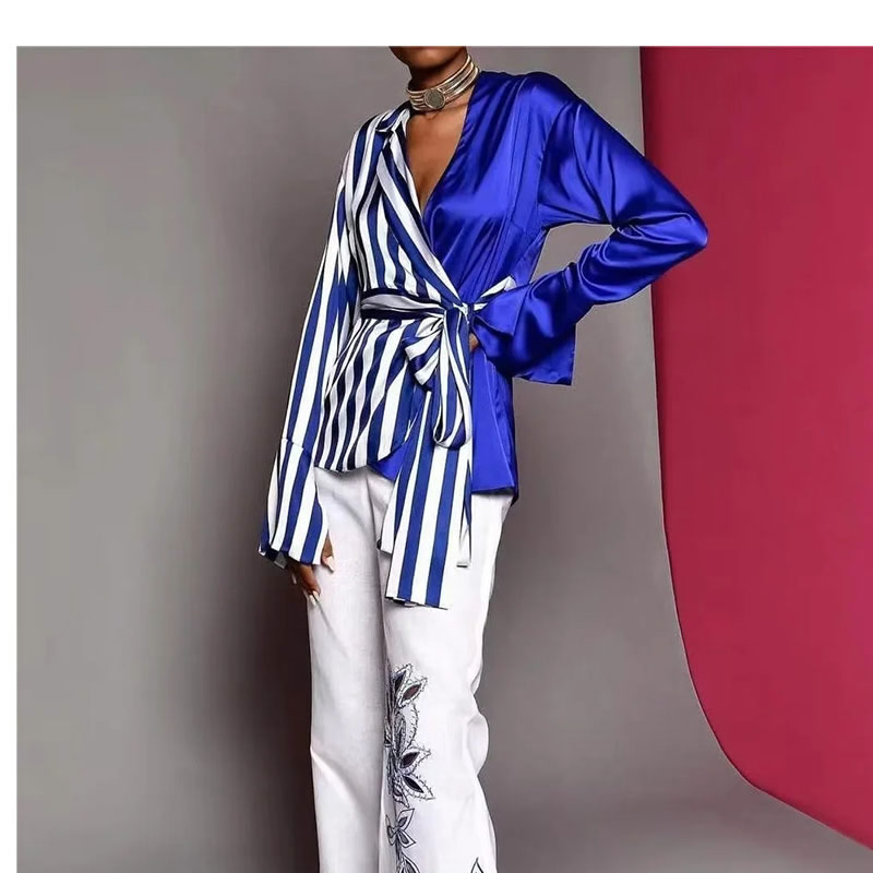 Fashion Blue Cotton Color-block Striped Lace-up Shirt,Blouses