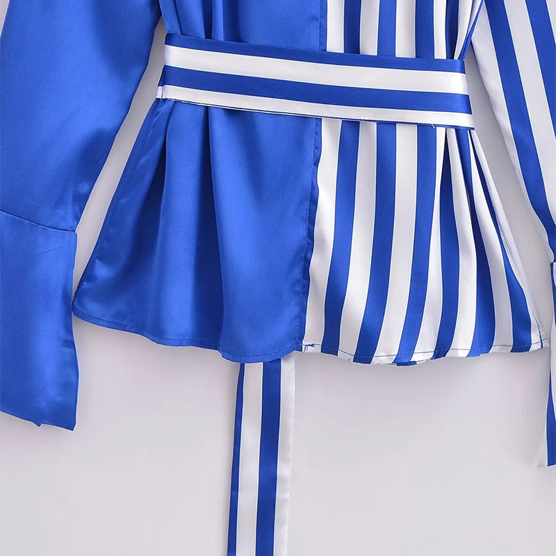 Fashion Blue Cotton Color-block Striped Lace-up Shirt,Blouses