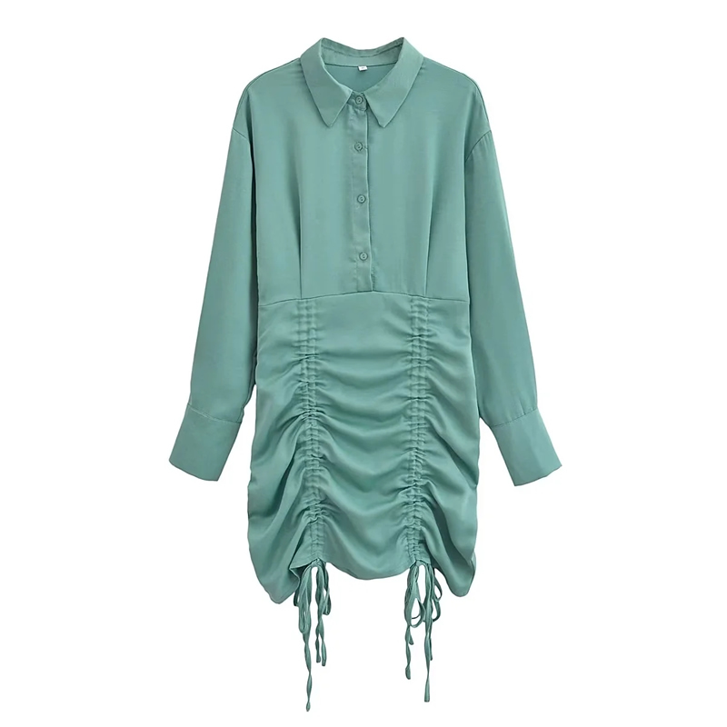 Fashion Aqua Blue Cotton Drawstring Lapel Buttoned Skirt,Mini & Short Dresses