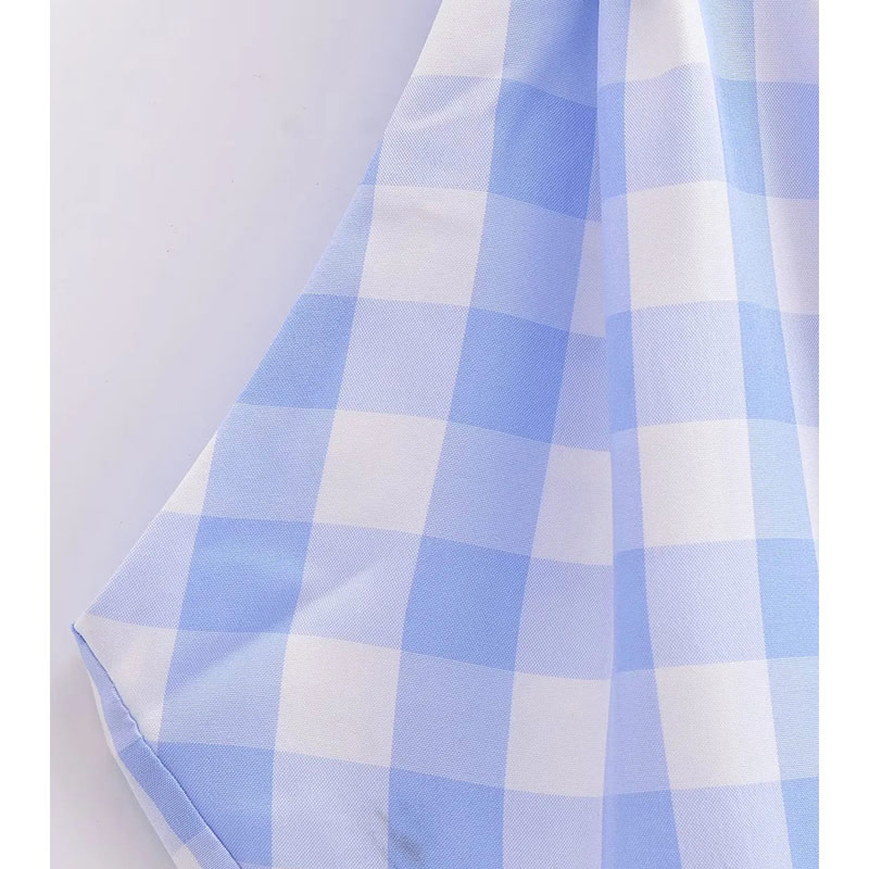 Fashion Blue Cotton Halterneck Check Tiered Maxi Skirt,Long Dress