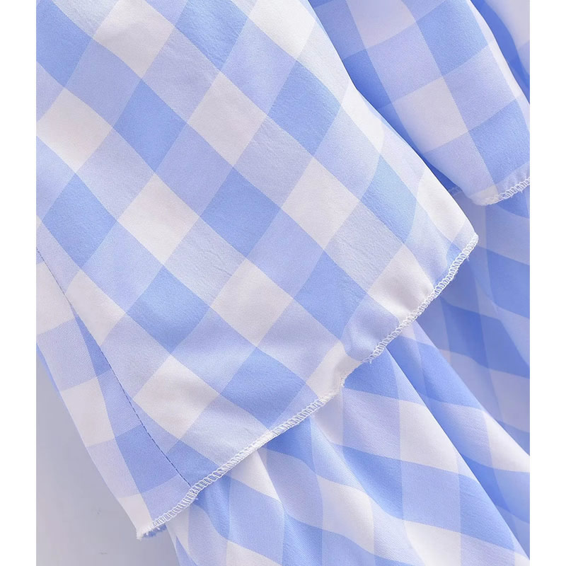 Fashion Blue Cotton Halterneck Check Tiered Maxi Skirt,Long Dress