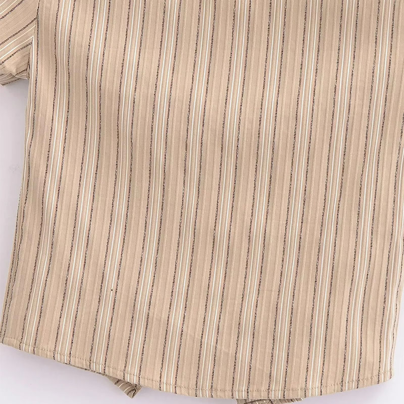 Fashion Coffee Color Cotton Lapel Buttoned Striped Short Sleeves,T-shirts