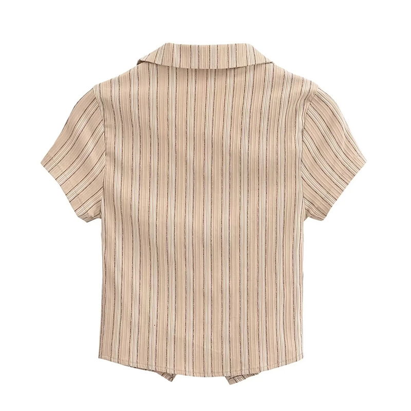 Fashion Coffee Color Cotton Lapel Buttoned Striped Short Sleeves,T-shirts
