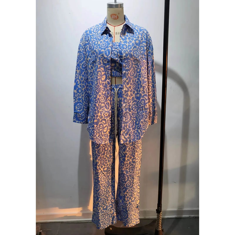 Fashion Blue Cotton Printed Vest Lapel Shirt And Trouser Suit,Blouses