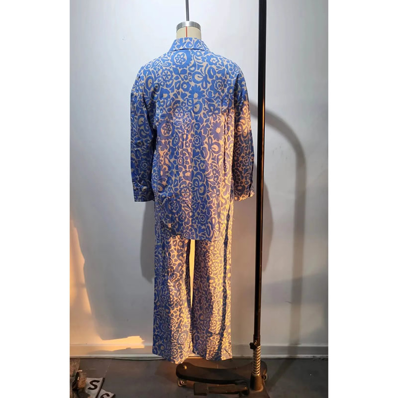 Fashion Blue Cotton Printed Vest Lapel Shirt And Trouser Suit,Blouses