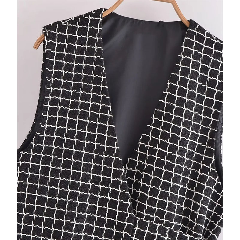 Fashion Black Polyester Plaid Vest Slit Jacket,Coat-Jacket