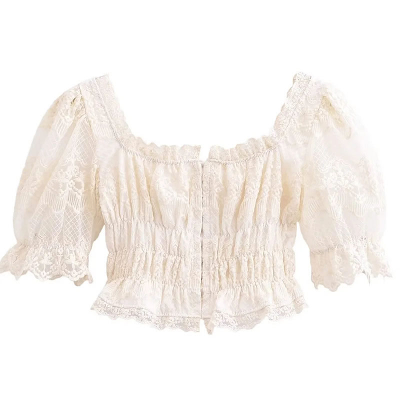 Fashion Apricot Puff Sleeve Lace Top,Blouses