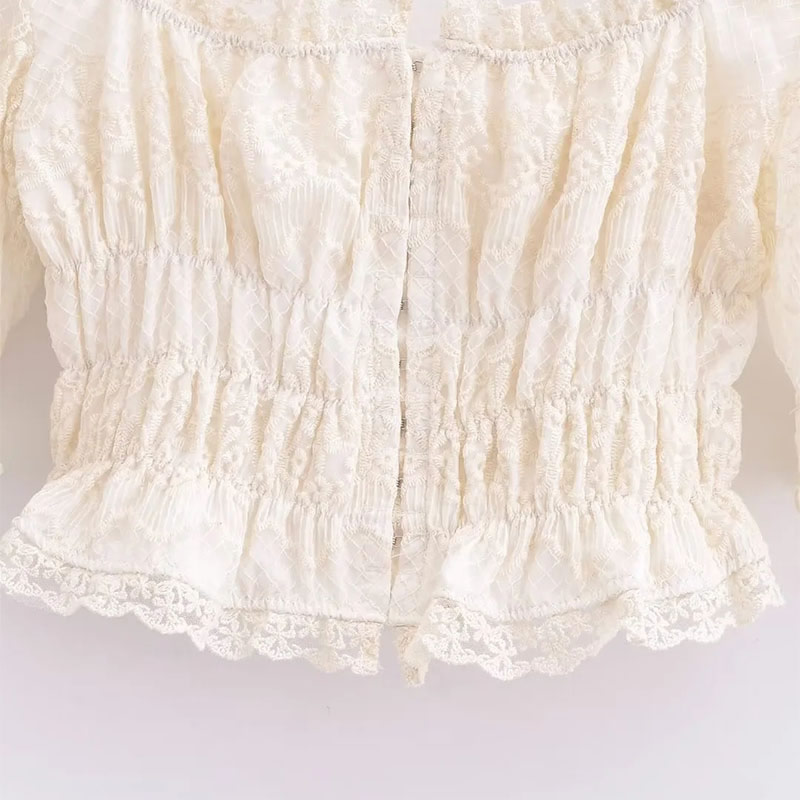 Fashion Apricot Puff Sleeve Lace Top,Blouses
