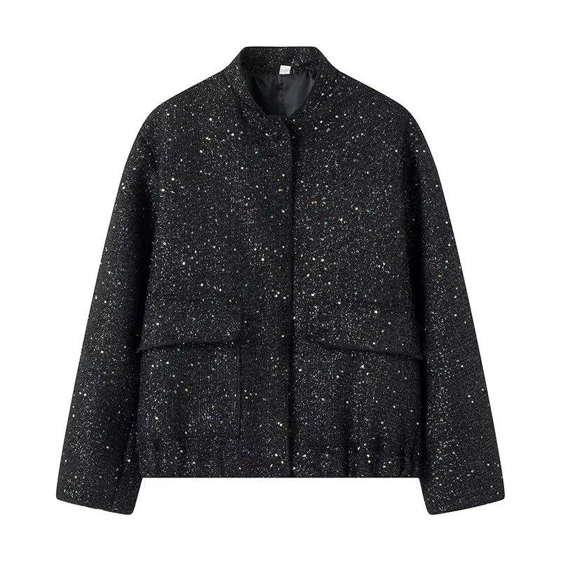 Fashion Black Sequin Stand Collar Jacket,Coat-Jacket