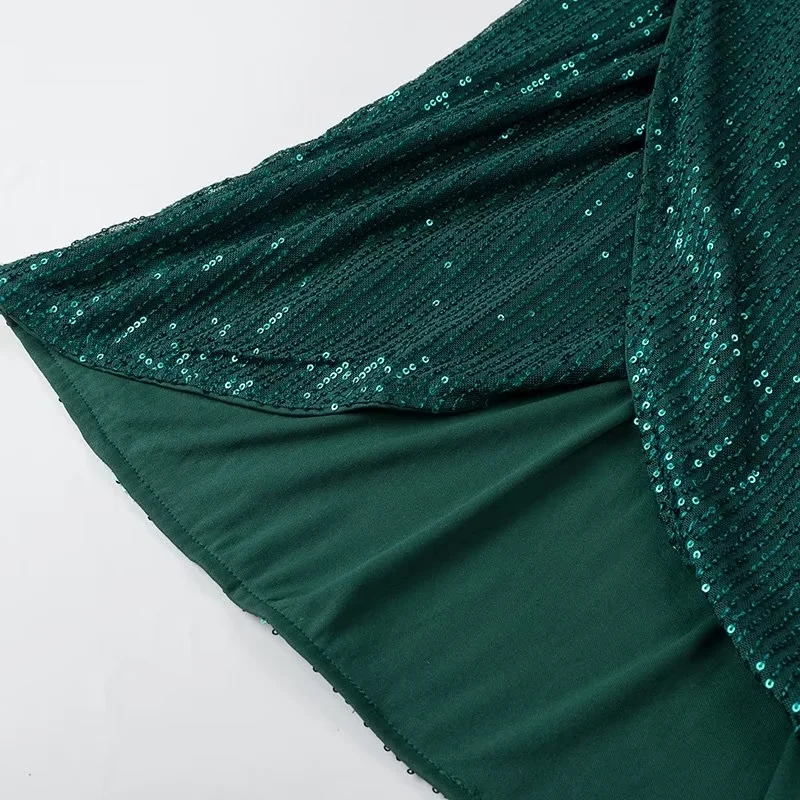 Fashion Green Sequined Long-sleeved V-neck Knee-length Dress,Knee Length