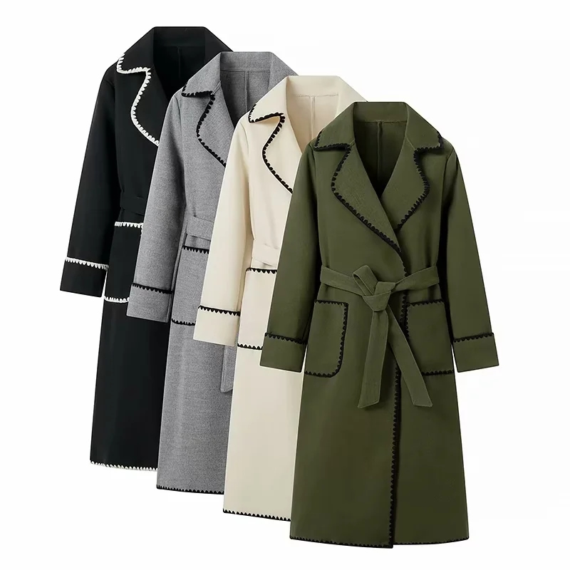 Fashion Grey Colorblock Lapel Lace-up Coat,Coat-Jacket