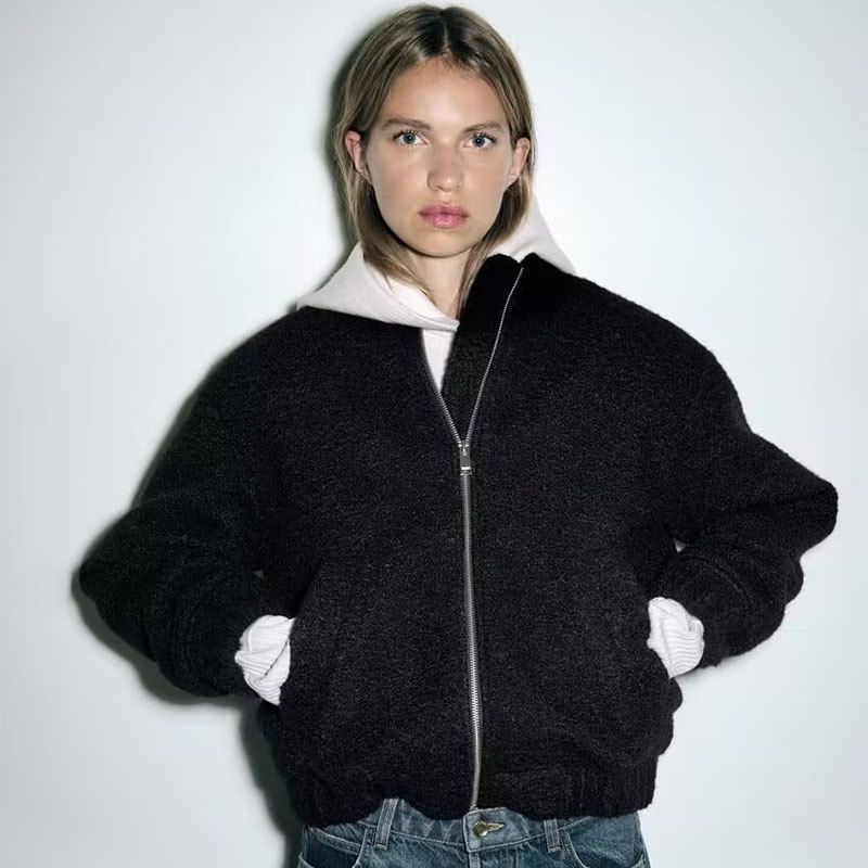 Fashion Black Cotton Stand-collar Zipped Jacket,Coat-Jacket