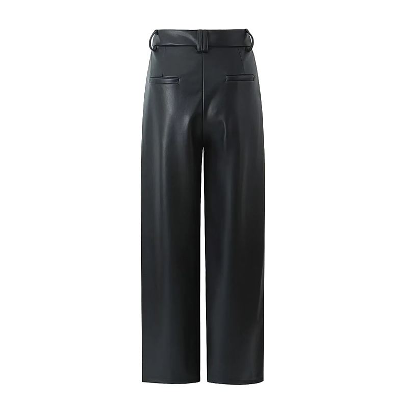 Fashion Black Pu Straight Trousers,Pants
