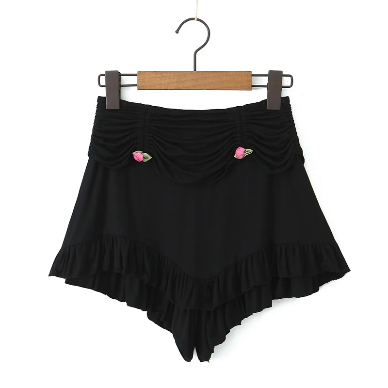 Fashion Black Cotton Lace Pleated Shorts,Shorts