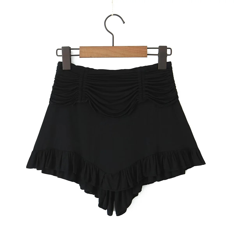 Fashion Black Cotton Lace Pleated Shorts,Shorts