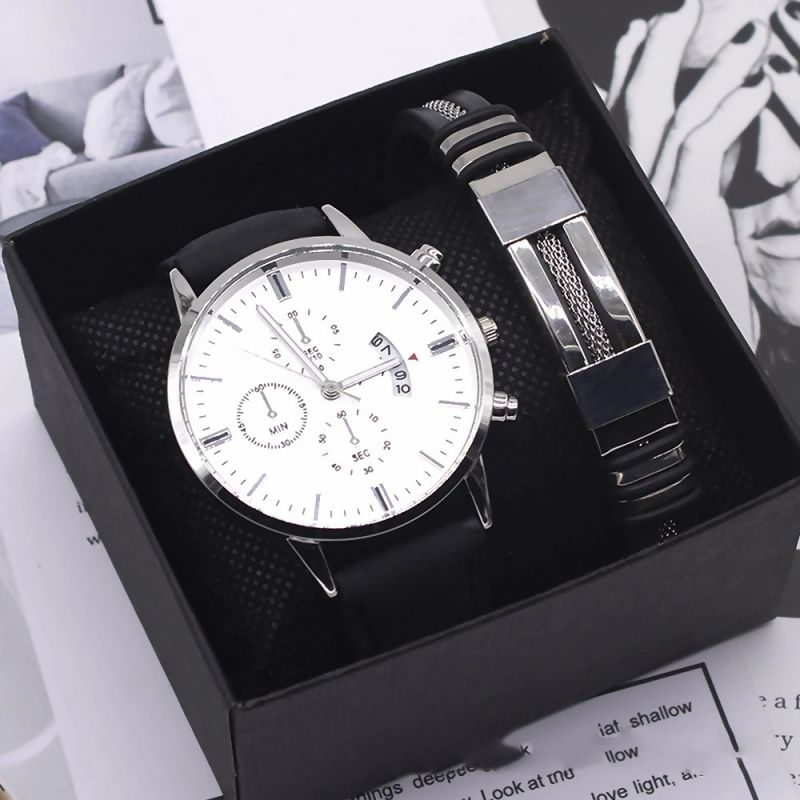 Fashion Silver Case And White Face Watch+silver Bracelet+box Stainless Steel Round Dial Mens Watch + Bracelet Set,Men