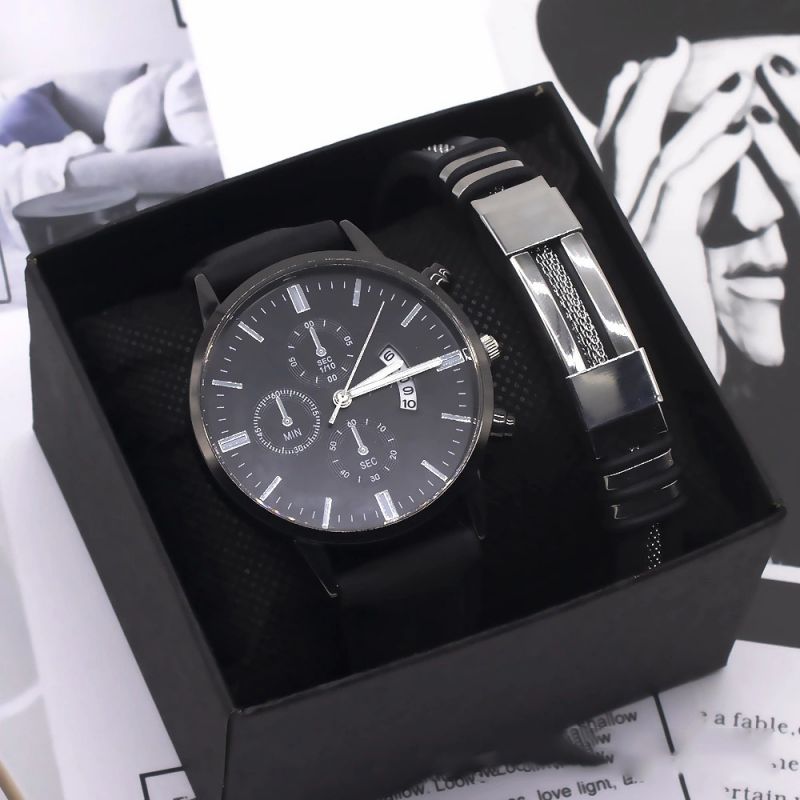 Fashion Silver Case And White Face Watch+silver Bracelet+box Stainless Steel Round Dial Mens Watch + Bracelet Set,Men