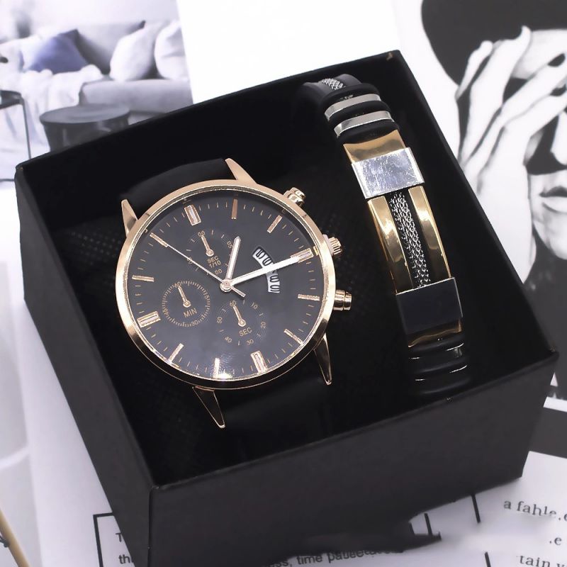Fashion Black Shell And Black Face Watch+silver Bracelet+box Stainless Steel Round Dial Mens Watch + Bracelet Set,Men