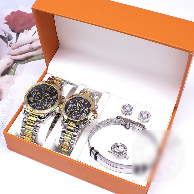 Fashion Mens Watch + Womens Watch + Black Bracelet + Earrings + Ring + Box Stainless Steel Round Dial Watch + Bracelet Earrings Ring Set,Ladies Watches