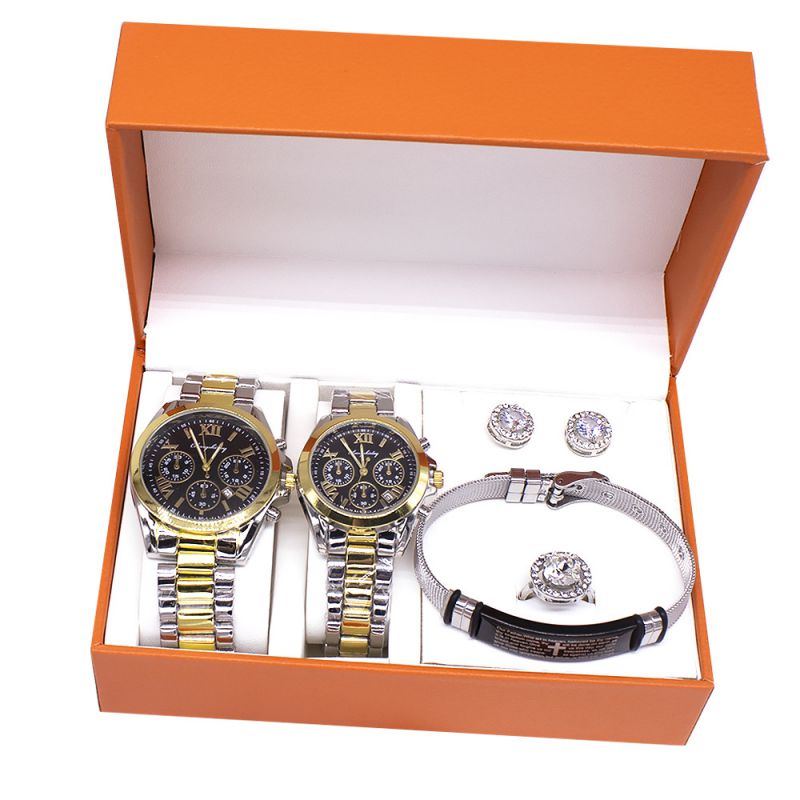 Fashion Mens Watch + Womens Watch + Black Bracelet + Earrings + Ring + Box Stainless Steel Round Dial Watch + Bracelet Earrings Ring Set,Ladies Watches