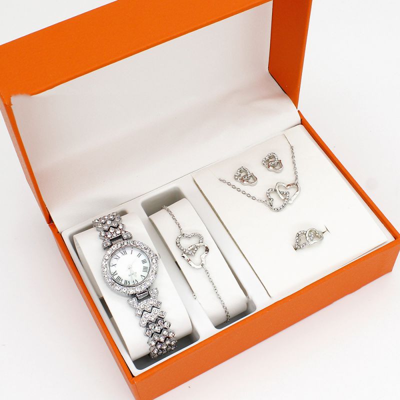 Fashion Silver Watch + Silver Double Heart Bracelet Earrings Necklace Ring + Box Stainless Steel Diamond Round Dial Watch + Love Bracelet Necklace Earrings Ring Set,Ladies Watches