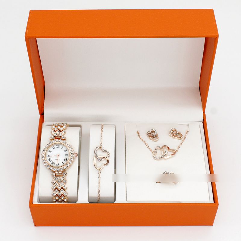 Fashion Silver Watch + Silver Double Heart Bracelet Earrings Necklace Ring + Box Stainless Steel Diamond Round Dial Watch + Love Bracelet Necklace Earrings Ring Set,Ladies Watches