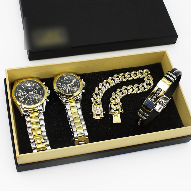 Fashion Womens Watch + Womens Bracelet + Gift Box Stainless Steel Round Dial Mens Watch + Diamond Chain Bracelet Set,Men