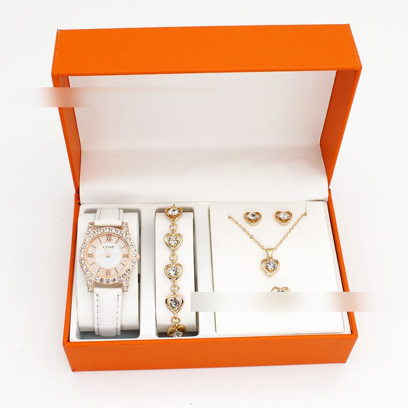Fashion Black Watch + Love Bracelet Earrings Necklace Ring + Box Stainless Steel Diamond Watch + Love Bracelet Necklace Earrings Ring Set,Ladies Watches