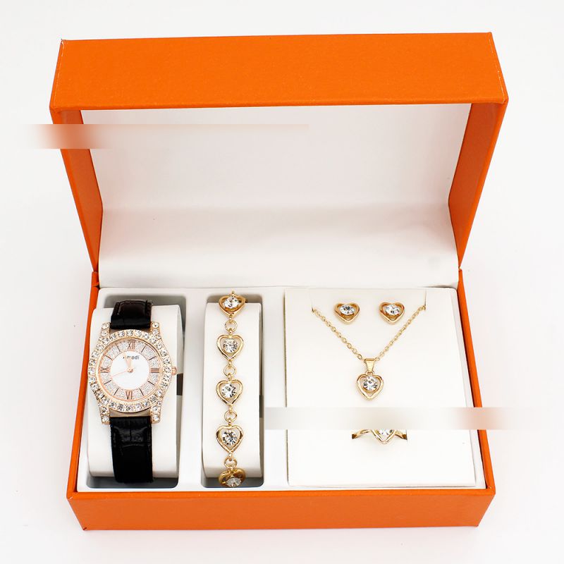 Fashion Black Watch + Love Bracelet Earrings Necklace Ring + Box Stainless Steel Diamond Watch + Love Bracelet Necklace Earrings Ring Set,Ladies Watches