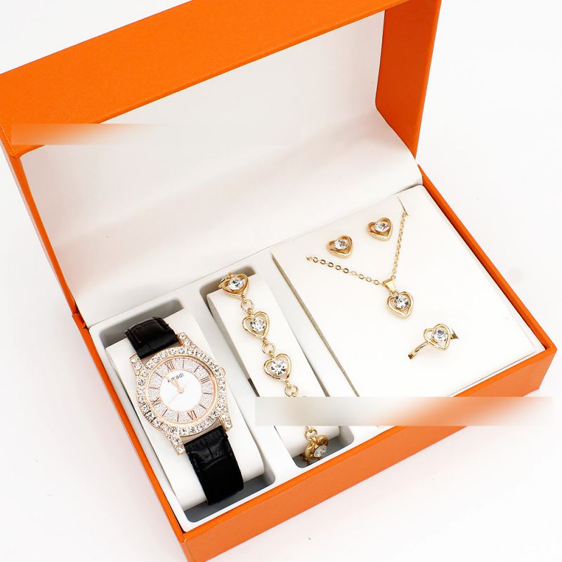 Fashion Pink Watch + Love Bracelet Earrings Necklace Ring + Box Stainless Steel Diamond Watch + Love Bracelet Necklace Earrings Ring Set,Ladies Watches