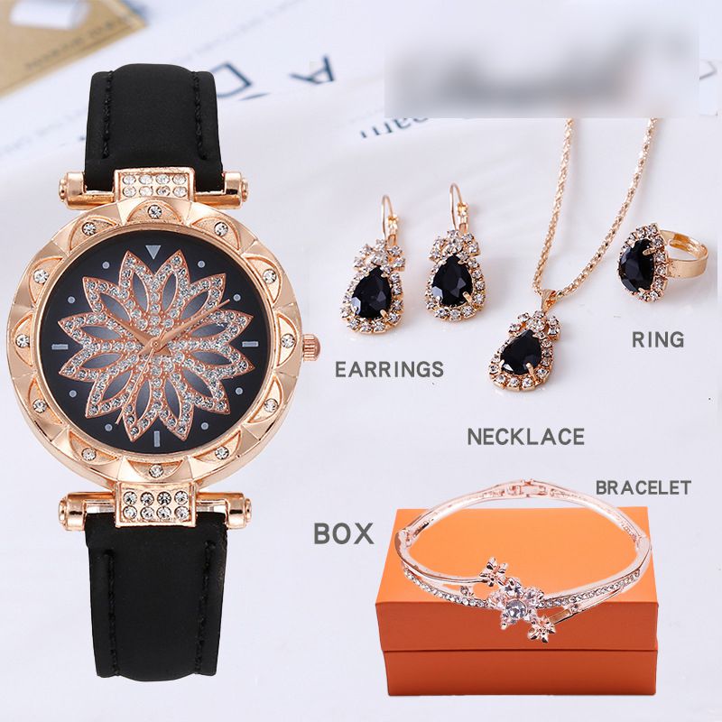 Fashion Black Watch + Bracelet + Black Diamond Necklace Earrings Ring + Box Stainless Steel Diamond Round Watch + Bracelet Necklace Earrings Ring Set,Ladies Watches