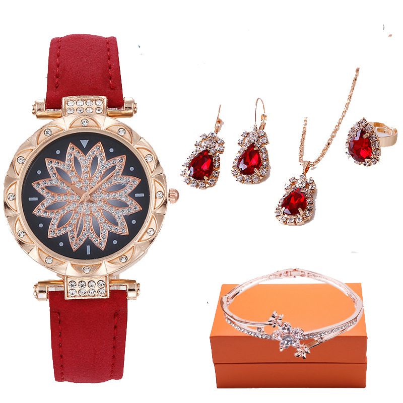 Fashion White Watch + White Diamond Necklace Earrings And Ring Stainless Steel Diamond Round Watch + Necklace Earrings And Ring Set,Ladies Watches
