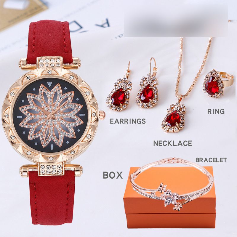 Fashion Red Watch ++ Red Diamond Necklace Earrings Ring Stainless Steel Diamond Round Watch + Necklace Earrings And Ring Set,Ladies Watches