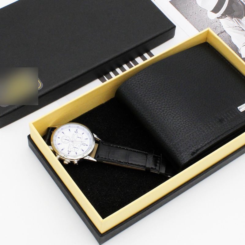 Fashion White Face Black Strap Watch + Black Wallet + Gift Box Stainless Steel Round Watch + Wallet Mens Set,Men
