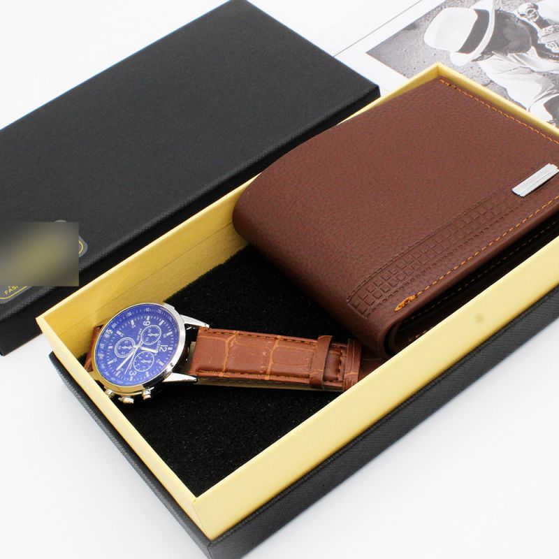 Fashion Black Face Brown Strap Watch + Brown Wallet + Gift Box Stainless Steel Round Watch + Wallet Mens Set,Men