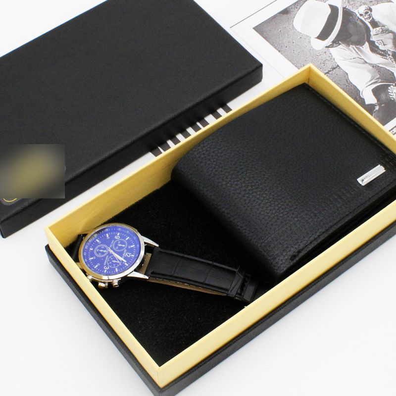 Fashion Black Face Brown Strap Watch + Brown Wallet + Gift Box Stainless Steel Round Watch + Wallet Mens Set,Men
