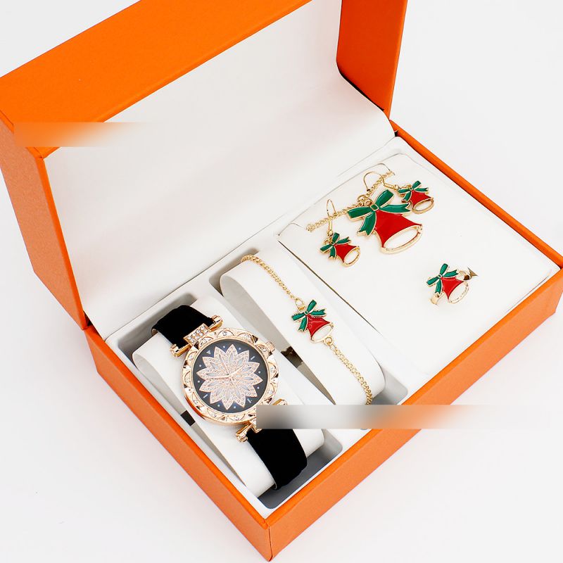 Fashion White Watch + Christmas Tree Bracelet Earrings Necklace Ring + Box Stainless Steel Round Watch + Christmas Bracelet Necklace Earrings Ring Set,Ladies Watches