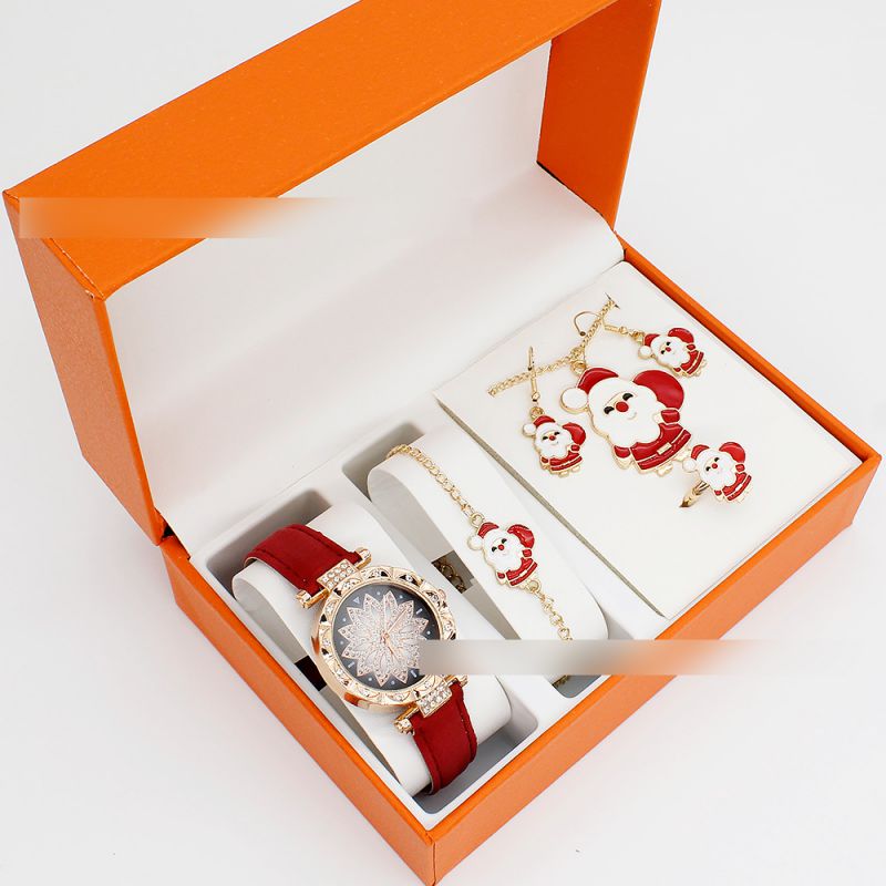 Fashion Red Watch + Christmas Tree Bracelet Earrings Necklace Ring + Box Stainless Steel Round Watch + Christmas Bracelet Necklace Earrings Ring Set,Ladies Watches