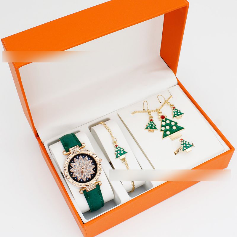Fashion Green Watch + Christmas Tree Bracelet Earrings Necklace Ring + Box Stainless Steel Round Watch + Christmas Bracelet Necklace Earrings Ring Set,Ladies Watches