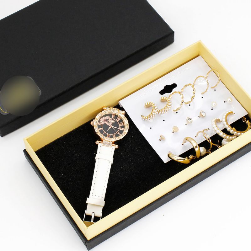 Fashion Black Watch + 9 Pairs Of Earrings + Gift Box Stainless Steel Round Watch Earrings Set,Ladies Watches