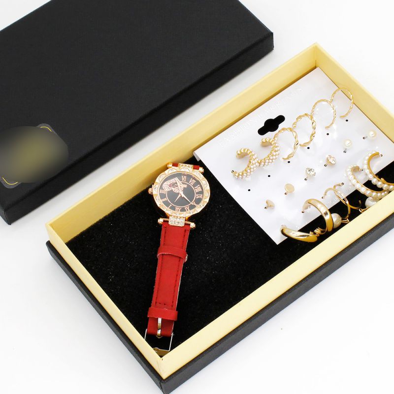 Fashion White Watch + 9 Pairs Of Earrings + Gift Box Stainless Steel Round Watch Earrings Set,Ladies Watches