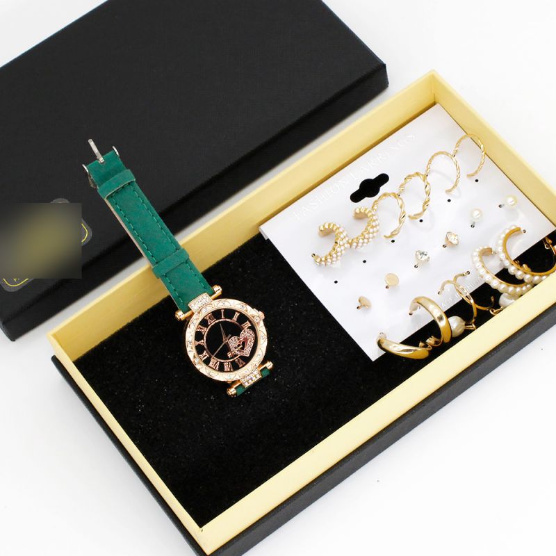 Fashion Green Watch + 9 Pairs Of Earrings + Gift Box Stainless Steel Round Watch Earrings Set,Ladies Watches