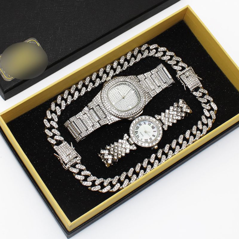 Fashion Silver Mens Watch + Silver Womens Watch + Silver Bracelet + Silver Bracelet + Gift Box Stainless Steel Diamond Round Watch Bracelet Set,Ladies Watches