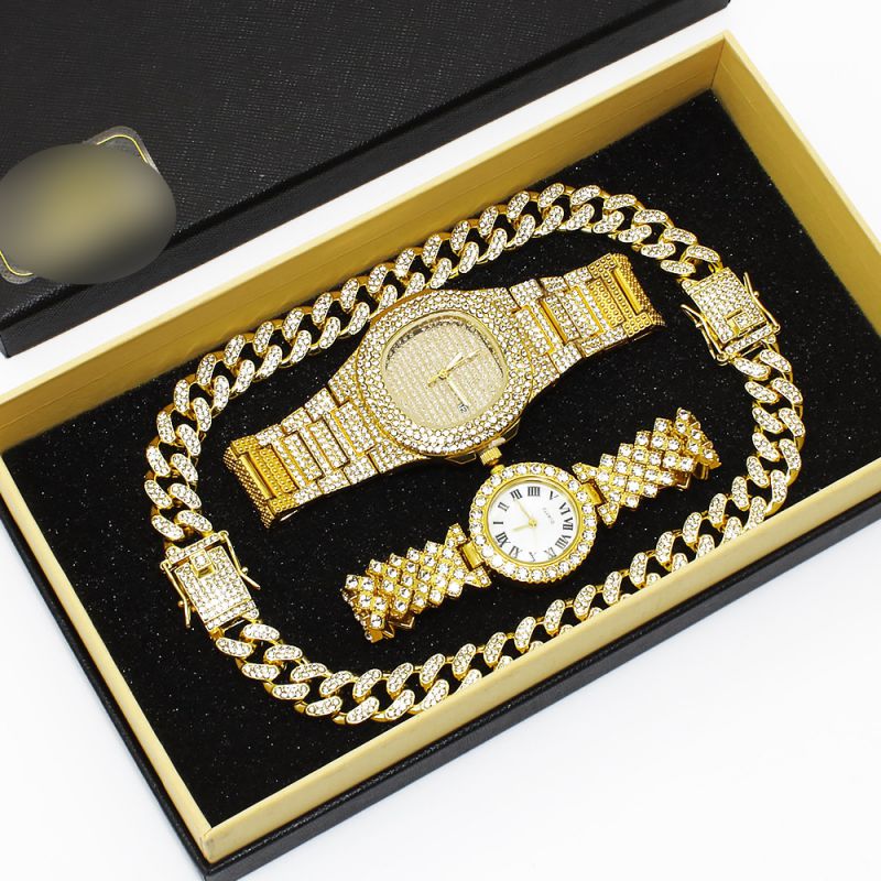 Fashion Gold Mens Watch + Gold Womens Watch + Gold Bracelet + Gold Bracelet + Gift Box Stainless Steel Diamond Round Watch Bracelet Set,Ladies Watches